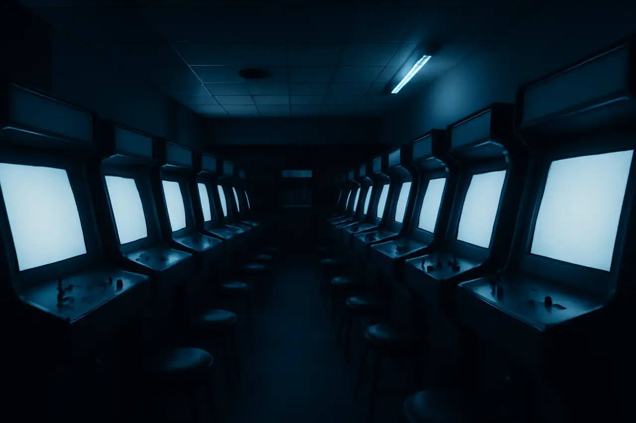 Lege speelhal met rijen automaten in blauw licht